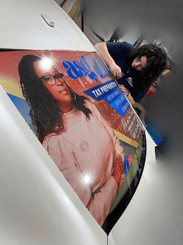 Window perf graphics Murfreesboro TN rear window decals vehicle advertising perforated vinyl